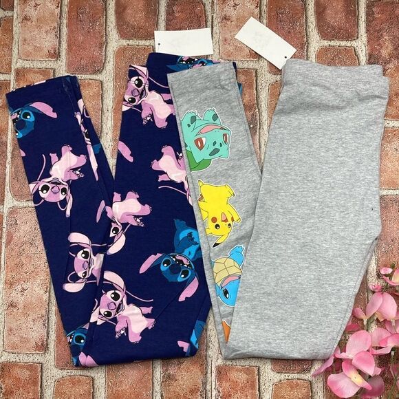 Girls Leggings Pokemon & Stitch 2-Pack Size L - Picture 1 of 5